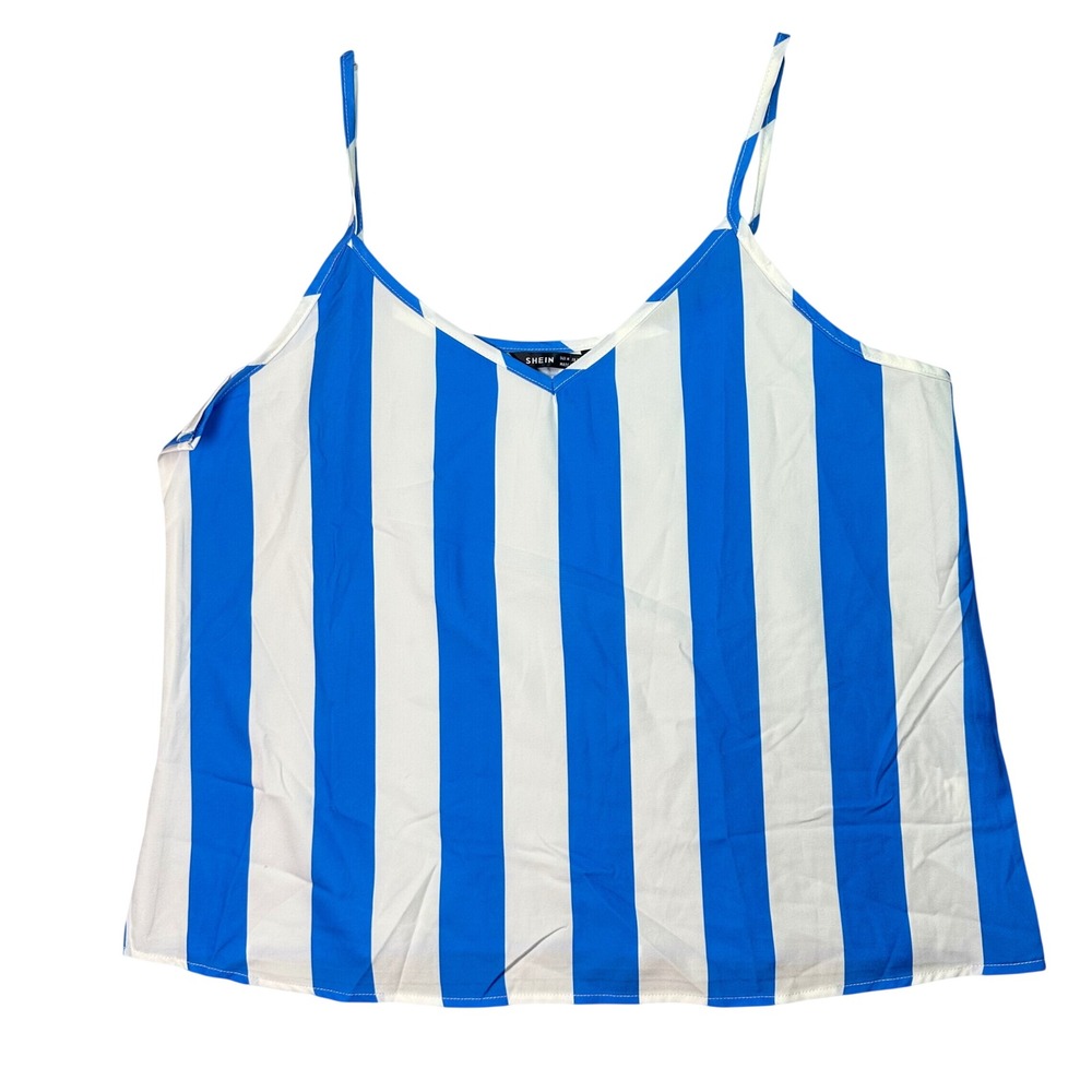 SHEIN Striped V-Neck Cami Tank Top Nautical Coastal Blue White Size M Summer